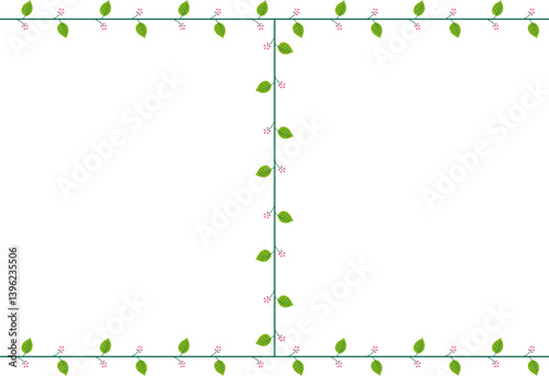 Two parallel lines with one perpendicular line, decorated with a bunch of leaves and small fruits or flowers.