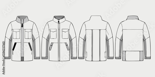 Technical drawing of a jacket with pockets and a zipper shown from front and back views design style