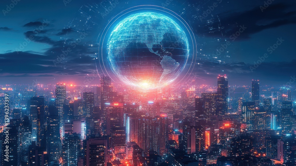 Obraz premium Futuristic Cityscape Digital Network Communication