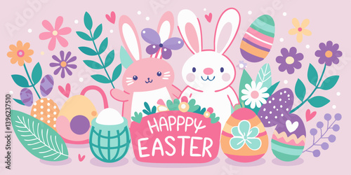 Illustration of two bunnies with easter eggs and flowers on a pastel pink background design theme color