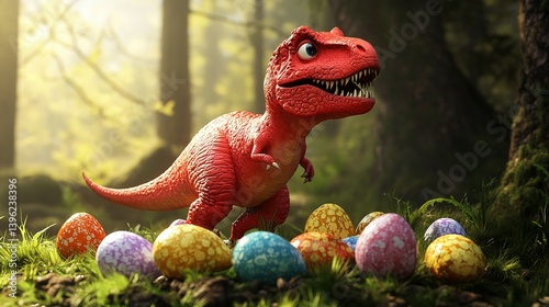 A tiny red dinosaur searches for easter eggs in a forest.