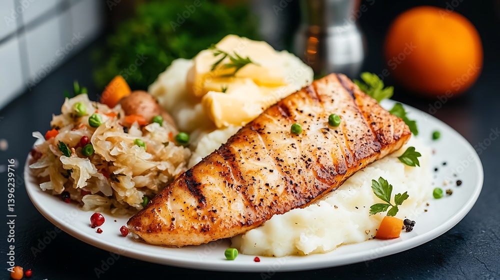 Grilled Fish Fillet Mashed Potatoes Vegetables Grilled Fish Fillet Mashed Potatoes Vegetables