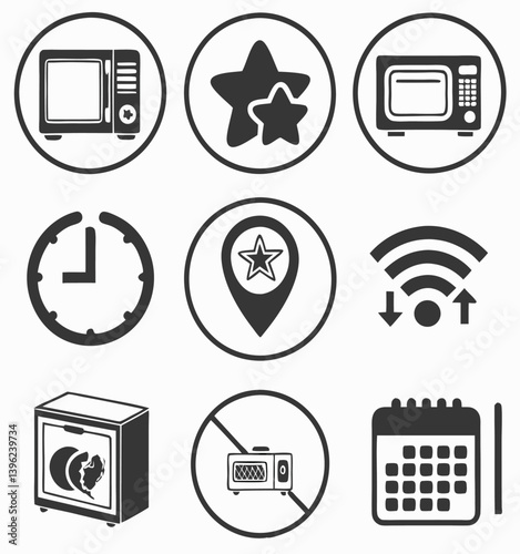 Black and White Flat Icon Set – Calendar, Clock, GPS Pin, Smartwatch, Wi-Fi Signal, Star Favorite, Alarm and Navigation Symbols for App UI and Web Design.