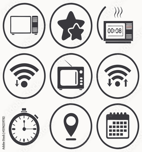 Black and White Flat Icon Set – Calendar, Clock, GPS Pin, Smartwatch, Wi-Fi Signal, Star Favorite, Alarm and Navigation Symbols for App UI and Web Design.