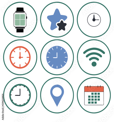 Black and White Flat Icon Set – Calendar, Clock, GPS Pin, Smartwatch, Wi-Fi Signal, Star Favorite, Alarm and Navigation Symbols for App UI and Web Design.