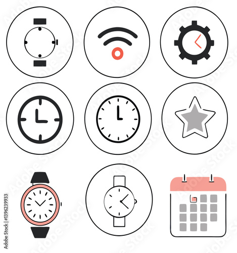 Black and White Flat Icon Set – Calendar, Clock, GPS Pin, Smartwatch, Wi-Fi Signal, Star Favorite, Alarm and Navigation Symbols for App UI and Web Design.