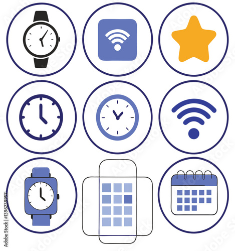 Black and White Flat Icon Set – Calendar, Clock, GPS Pin, Smartwatch, Wi-Fi Signal, Star Favorite, Alarm and Navigation Symbols for App UI and Web Design.