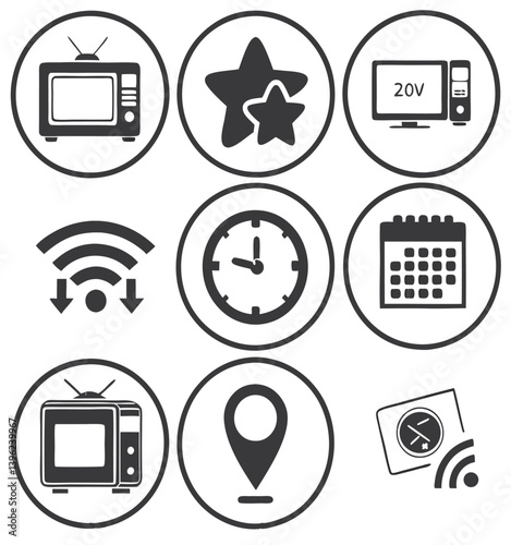 Black and White Flat Icon Set – Calendar, Clock, GPS Pin, Smartwatch, Wi-Fi Signal, Star Favorite, Alarm and Navigation Symbols for App UI and Web Design.
