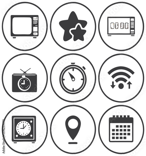 Black and White Flat Icon Set – Calendar, Clock, GPS Pin, Smartwatch, Wi-Fi Signal, Star Favorite, Alarm and Navigation Symbols for App UI and Web Design.