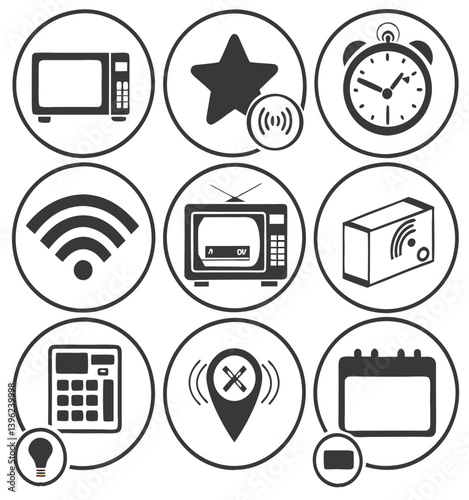 Black and White Flat Icon Set – Calendar, Clock, GPS Pin, Smartwatch, Wi-Fi Signal, Star Favorite, Alarm and Navigation Symbols for App UI and Web Design.