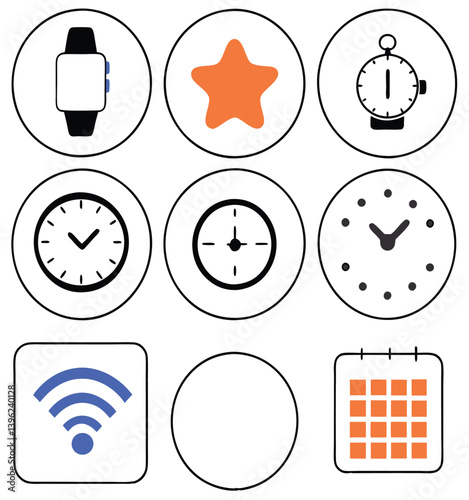 Black and White Flat Icon Set – Calendar, Clock, GPS Pin, Smartwatch, Wi-Fi Signal, Star Favorite, Alarm and Navigation Symbols for App UI and Web Design.