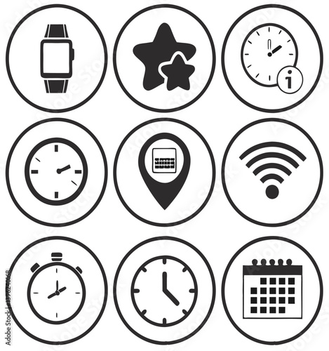 Black and White Flat Icon Set – Calendar, Clock, GPS Pin, Smartwatch, Wi-Fi Signal, Star Favorite, Alarm and Navigation Symbols for App UI and Web Design.