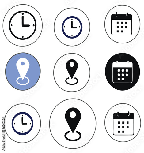 Black and White Flat Icon Set – Calendar, Clock, GPS Pin, Smartwatch, Wi-Fi Signal, Star Favorite, Alarm and Navigation Symbols for App UI and Web Design.