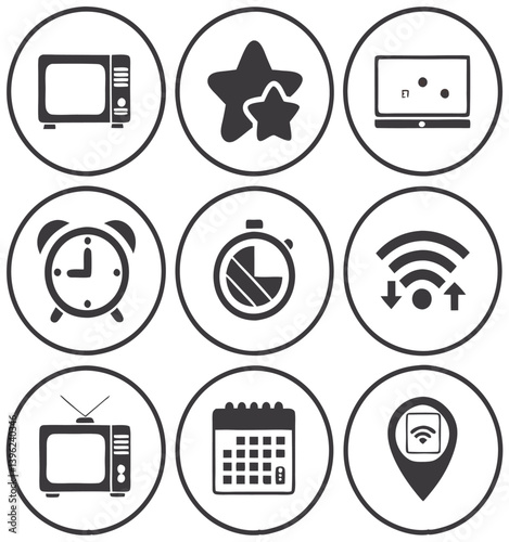 Black and White Flat Icon Set – Calendar, Clock, GPS Pin, Smartwatch, Wi-Fi Signal, Star Favorite, Alarm and Navigation Symbols for App UI and Web Design.