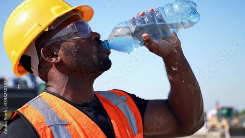 African american construction worker hydrating on hot day at busy construction site
