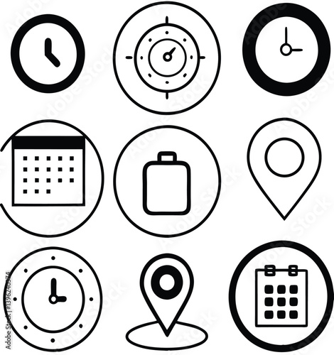 Black and White Flat Icon Set – Calendar, Clock, GPS Pin, Smartwatch, Wi-Fi Signal, Star Favorite, Alarm and Navigation Symbols for App UI and Web Design.