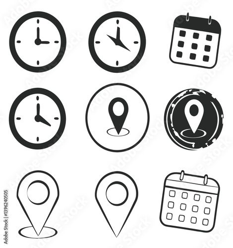 Black and White Flat Icon Set – Calendar, Clock, GPS Pin, Smartwatch, Wi-Fi Signal, Star Favorite, Alarm and Navigation Symbols for App UI and Web Design.