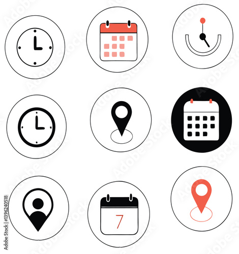 Black and White Flat Icon Set – Calendar, Clock, GPS Pin, Smartwatch, Wi-Fi Signal, Star Favorite, Alarm and Navigation Symbols for App UI and Web Design.