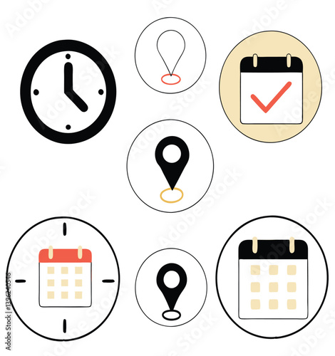 Black and White Flat Icon Set – Calendar, Clock, GPS Pin, Smartwatch, Wi-Fi Signal, Star Favorite, Alarm and Navigation Symbols for App UI and Web Design.