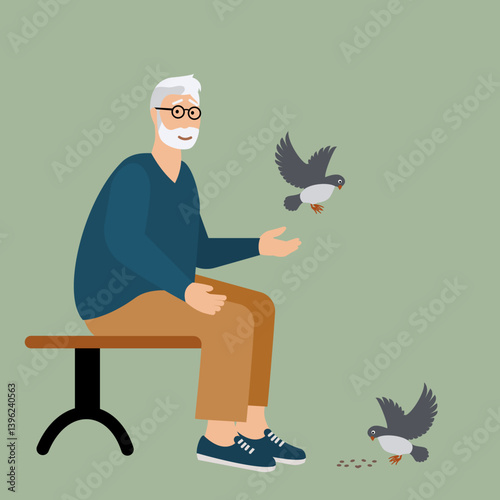 Senior man sitting on a bench in the park feeds birds