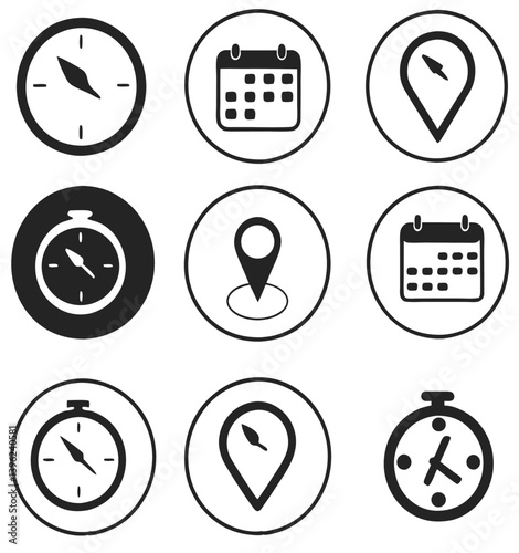 Black and White Flat Icon Set – Calendar, Clock, GPS Pin, Smartwatch, Wi-Fi Signal, Star Favorite, Alarm and Navigation Symbols for App UI and Web Design.