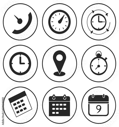Black and White Flat Icon Set – Calendar, Clock, GPS Pin, Smartwatch, Wi-Fi Signal, Star Favorite, Alarm and Navigation Symbols for App UI and Web Design.