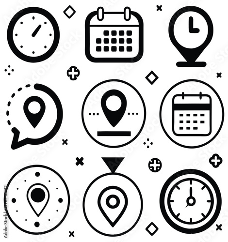 Black and White Flat Icon Set – Calendar, Clock, GPS Pin, Smartwatch, Wi-Fi Signal, Star Favorite, Alarm and Navigation Symbols for App UI and Web Design.