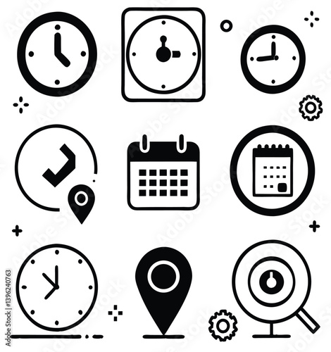 Black and White Flat Icon Set – Calendar, Clock, GPS Pin, Smartwatch, Wi-Fi Signal, Star Favorite, Alarm and Navigation Symbols for App UI and Web Design.
