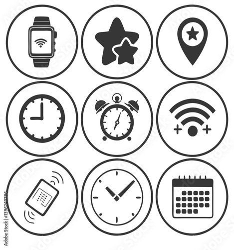 Black and White Flat Icon Set – Calendar, Clock, GPS Pin, Smartwatch, Wi-Fi Signal, Star Favorite, Alarm and Navigation Symbols for App UI and Web Design.