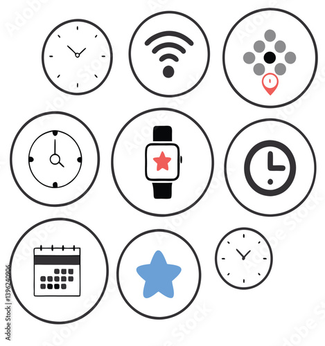 Black and White Flat Icon Set – Calendar, Clock, GPS Pin, Smartwatch, Wi-Fi Signal, Star Favorite, Alarm and Navigation Symbols for App UI and Web Design.
