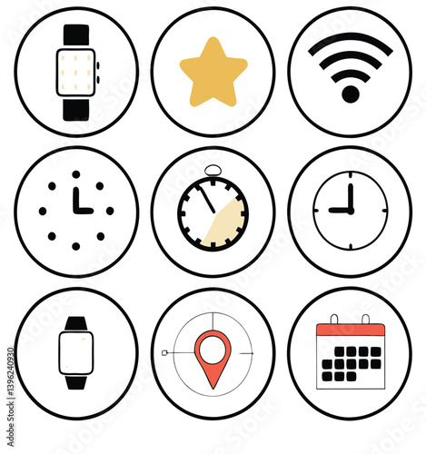 Black and White Flat Icon Set – Calendar, Clock, GPS Pin, Smartwatch, Wi-Fi Signal, Star Favorite, Alarm and Navigation Symbols for App UI and Web Design.