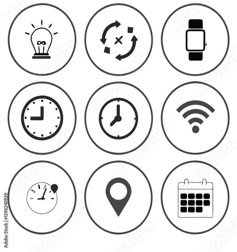 Black and White Flat Icon Set – Calendar, Clock, GPS Pin, Smartwatch, Wi-Fi Signal, Star Favorite, Alarm and Navigation Symbols for App UI and Web Design.
