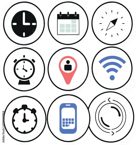 Black and White Flat Icon Set – Calendar, Clock, GPS Pin, Smartwatch, Wi-Fi Signal, Star Favorite, Alarm and Navigation Symbols for App UI and Web Design.
