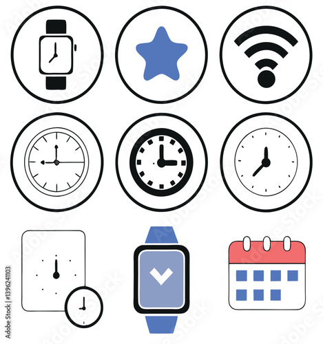 Black and White Flat Icon Set – Calendar, Clock, GPS Pin, Smartwatch, Wi-Fi Signal, Star Favorite, Alarm and Navigation Symbols for App UI and Web Design.