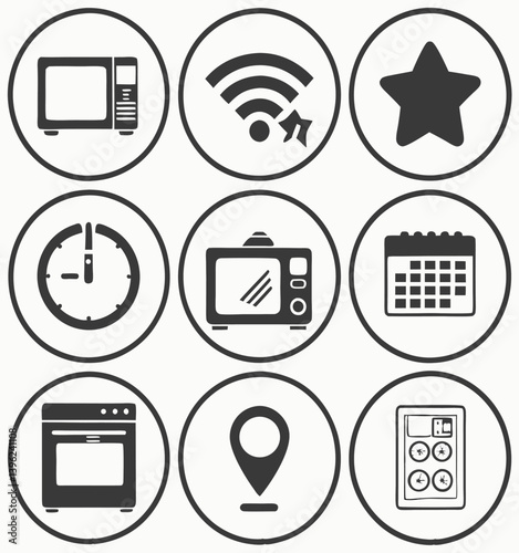 Black and White Flat Icon Set – Calendar, Clock, GPS Pin, Smartwatch, Wi-Fi Signal, Star Favorite, Alarm and Navigation Symbols for App UI and Web Design.