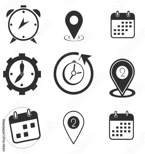 Black and White Flat Icon Set – Calendar, Clock, GPS Pin, Smartwatch, Wi-Fi Signal, Star Favorite, Alarm and Navigation Symbols for App UI and Web Design.