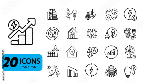 Set of 20 Green Energy and Energy efficiency Icons, Outline Style, 256x256 Pixels