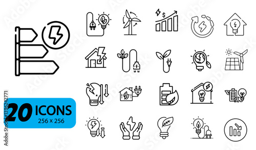 Set of 20 Green Energy and Energy efficiency Icons, Outline Style, 256x256 Pixels
