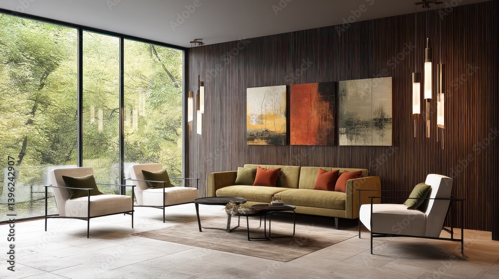 Obraz premium A sophisticated living room with light beige floor tiles and dark mahogany wood wall panels