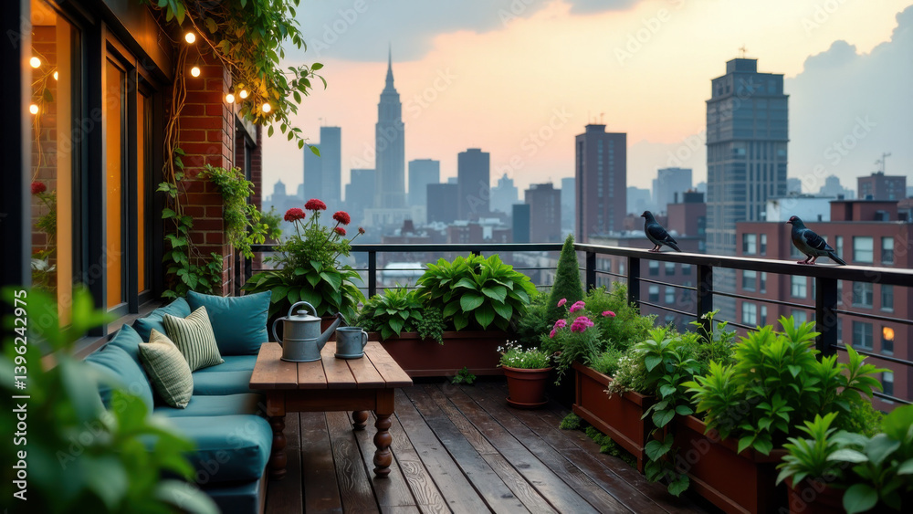Fototapeta premium A balcony with a bench, planters, and a view of the city