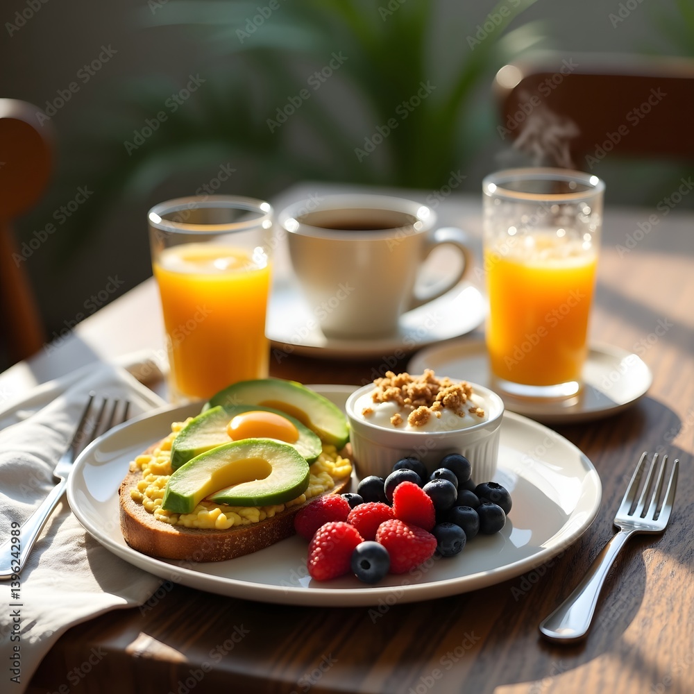 Healthy Balanced Breakfast with Scrambled Eggs, Avocado Toast, Berries, and Juice Healthy Balanced Breakfast with Scrambled Eggs, Avocado Toast, Berries, and Juice
