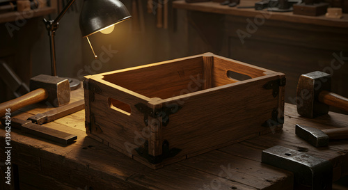 Wooden Crate On Workshop Table With Tools And Warm Light