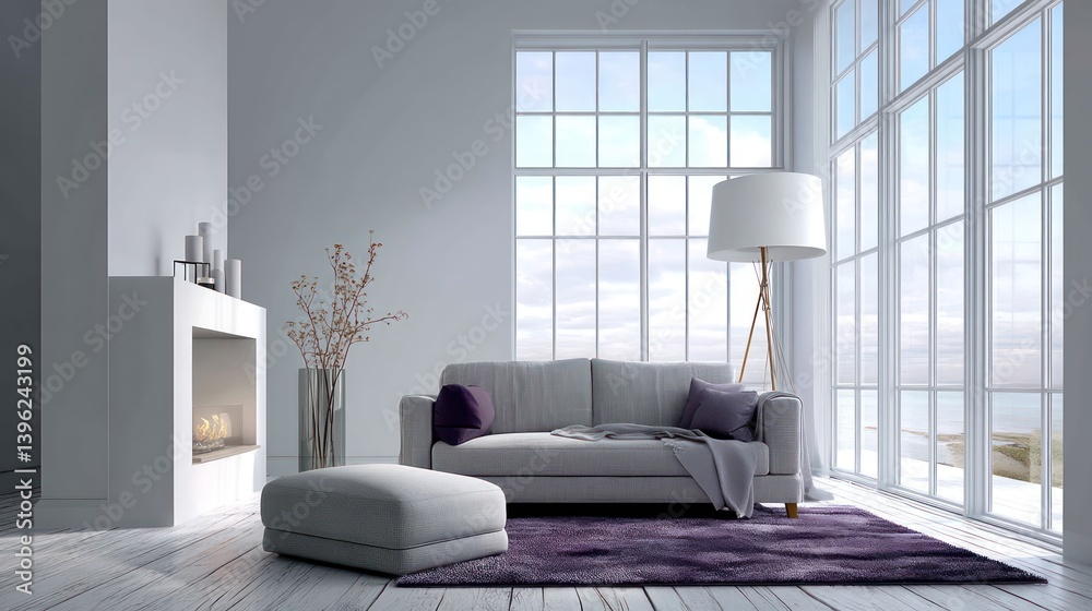 Obraz premium A spacious living room with a light gray fabric sofa with armrests and a simple ottoman