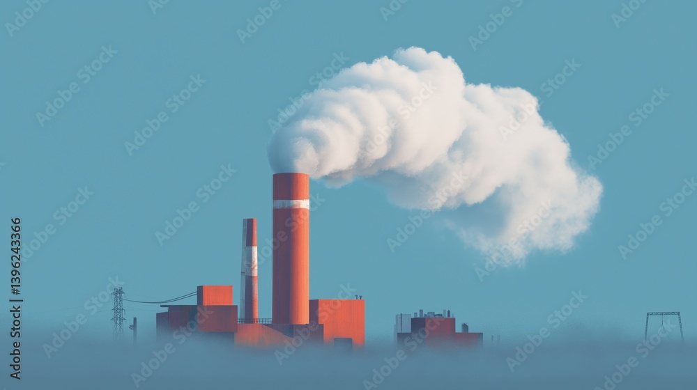 Illustration of a factory emits thick smoke into the clear blue sky during daytime.