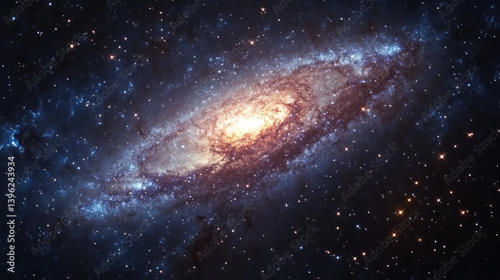 Naklejka premium A stunning spiral galaxy with a bright center and swirling arms against a starry background view