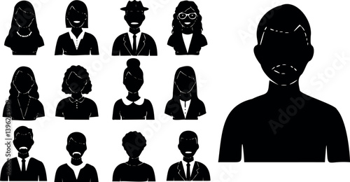 Black user people silhouette icons on white background. Minimalist avatar set for profiles, teams, social media, UI design, and presentations. Flat human figures in various simple poses and styles.