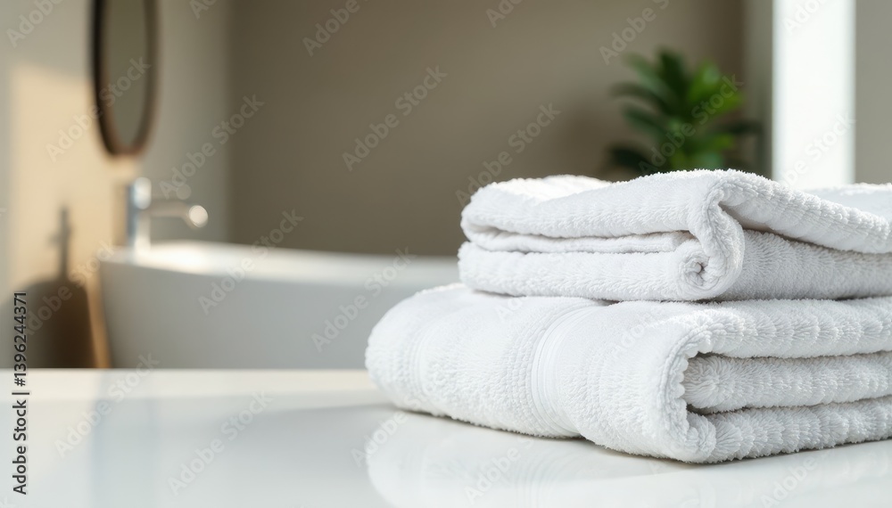 Crisp white towels arranged on a sleek white table, out-of-focus bathroom setting, soft, image