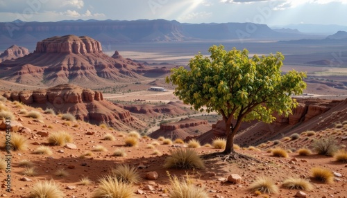 Scenic Desert Landscape with Lone Tree Against Mountain Backdrop
