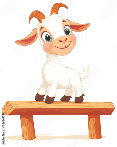A carefree goat poised on a wooden plank as depicted in modern flat art