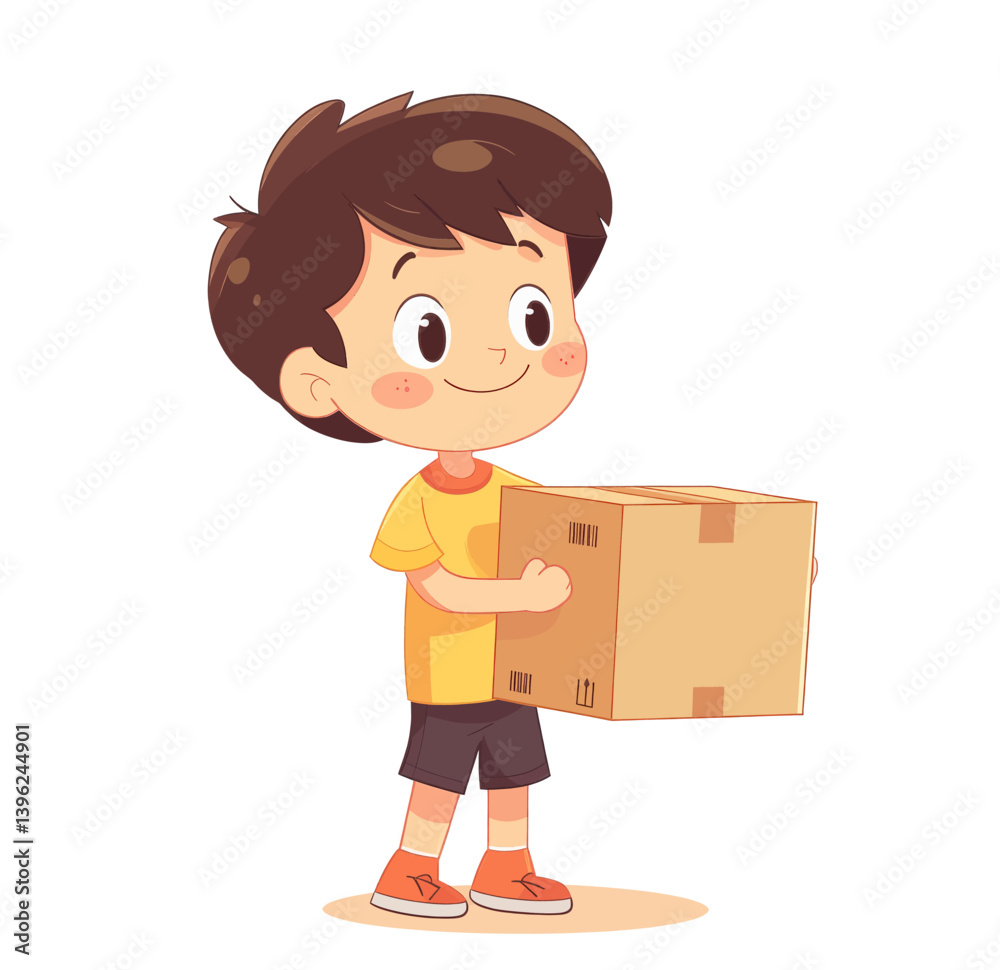 A cheerful youngster holds a cardboard box in a minimalist modern drawing A cheerful youngster holds a cardboard box in a minimalist modern drawing